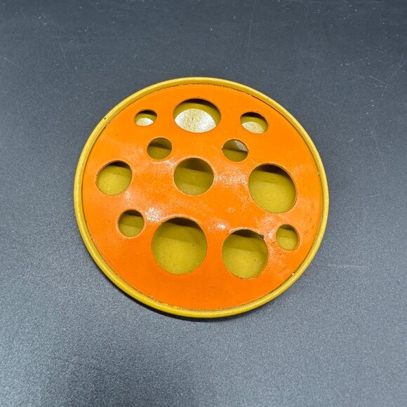 Vintage Brooch Pin 1960s Atomic Moon  Orange Yellow Cut Out Dots Metal Enamel - Picture 1 of 9